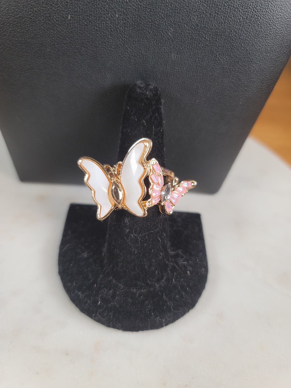 paparazzi Gold-Tone White Shell & Pink Crystal Butterfly Ring